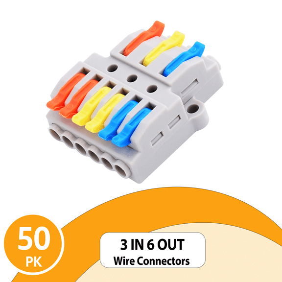 NineLeaf 50PK Push-in Compact Splicing Electrical Connectors, Quick Wiring Lever Wire Connectors, Conductor Terminal Block, 3 in 6 Out, 28-12 AWG