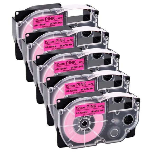 NineLeaf 5PK Compatible for XR-12FPK XR12FPK 12mm 1/2" Black on Fluorescent Pink Label Tape for KL-750 KL-60 KL-100 KL-120 KL-430 KL-780 KL-7200 Label Printer