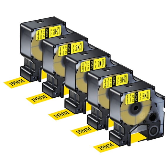 NineLeaf 5PK Compatible for DYMO 18433 3/4" x 18' (19mm x 5.5m) Black on Yellow Industrial Vinyl Label Maker Tape for Rhino 4200 5200 Label Maker