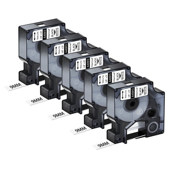NineLeaf 5PK Compatible for DYMO D1 40913 3/8" x 23' (9mm x 7m) Black on White Label Maker Tape for Label Manager 100 120P 160 210D