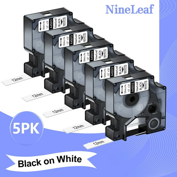 NineLeaf 5PK Compatible for DYMO D1 45013 45113 S0720530 1/2" x 23' (12mm x 7m) Black on White Label Maker Tape for Label Manager 100 120P 160 210D