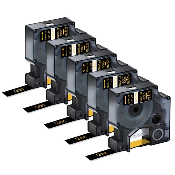 NineLeaf 5PK Compatible for DYMO D1 45024 1/2" x 23' (12mm x 7m) Gold on Black Label Maker Tape for Label Manager 100 120P 160 210D