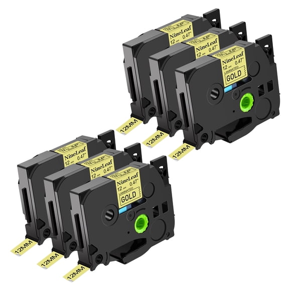 NineLeaf 6 Pack Compatible for Brother P-touch TZe-831 TZe831 TZ-831 TZ831 12mm Black on Gold Laminated Label Tape 0.47" x 26.2 ft (12mm x 8m)
