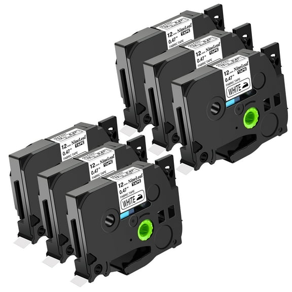 NineLeaf 6 Pack Compatible for Brother P-touch TZe-FA231 TZ-FA231 12mm 1/2'' Black on White Iron-On Fabric Cloth TZe TZ Label Tape