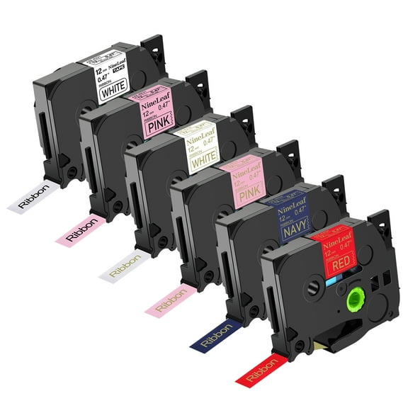 NineLeaf 6 Pack Compatible for Brother P-touch TZe-R234 RN34 RW34 R231 RE34 RE31 12mm 1/2'' Color Satin Fabric Ribbon Label Tape