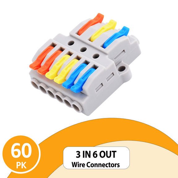 NineLeaf 60PK Push-in Compact Splicing Electrical Connectors, Quick Wiring Lever Wire Connectors, Conductor Terminal Block, 3 in 6 Out, 28-12 AWG