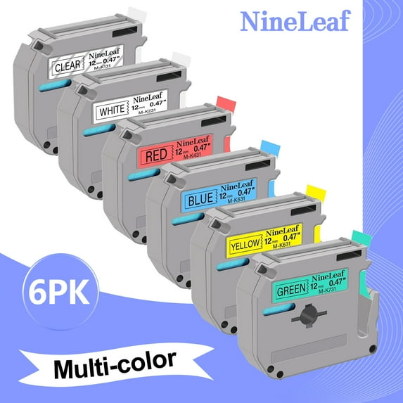 NineLeaf 6PK Compatible for Brother P-touch M Tape 1/2" 12mm MK231 Black on Clear/White/Red/Blue/Yellow/Green Label Maker Tape Refills PT-45m PT-65 PT-70bm