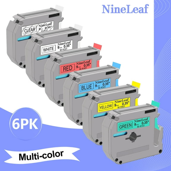 NineLeaf 6PK Compatible for Brother P-touch M Tape 3/8" 9mm Black on Clear/White/Red/Blue/Yellow/Green Label Maker Tape Refills PT-45m PT-65 PT-70bm