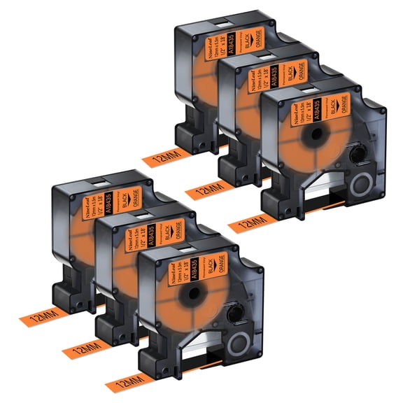 NineLeaf 6PK Compatible for DYMO 18435 1/2" x 18' (12mm x 5.5m) Black on Orange Industrial Vinyl Label Maker Tape for Rhino 4200 5200 Label Maker