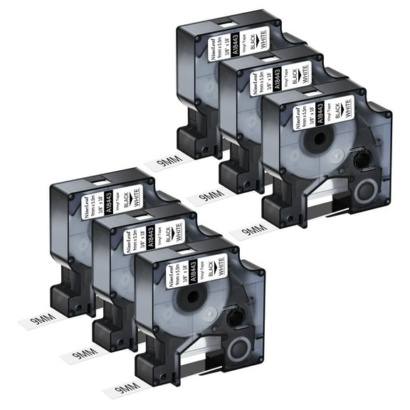 NineLeaf 6PK Compatible for DYMO 18443 3/8" x 18' (9mm x 5.5m) Black on White Industrial Vinyl Label Maker Tape for Rhino 4200 5200 Label Maker