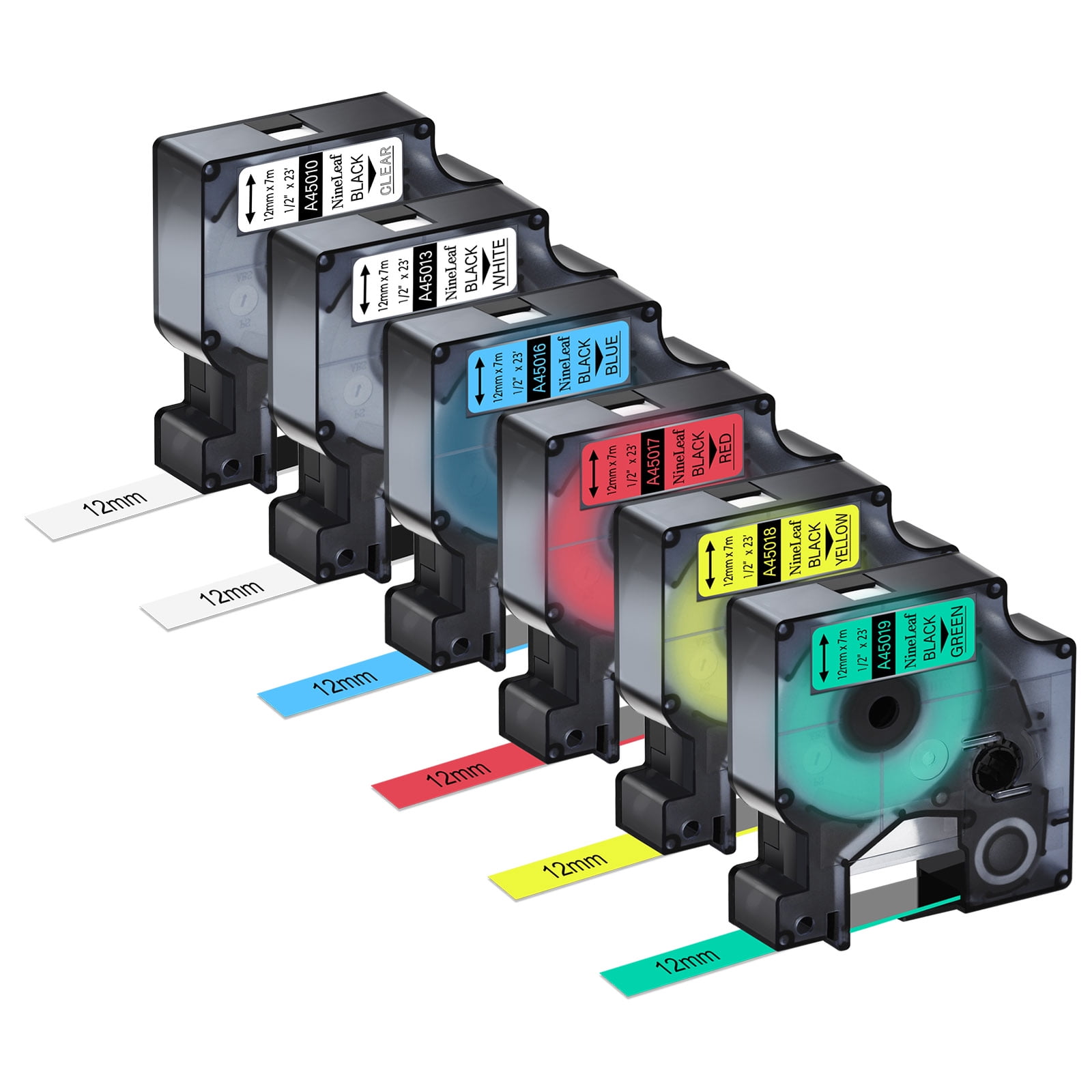 NineLeaf 6PK Compatible for DYMO D1 1/2" x 23' (12mm x 7m) Black on White/Clear/Red/Blue/Yellow/Green Label Maker Tape Refills