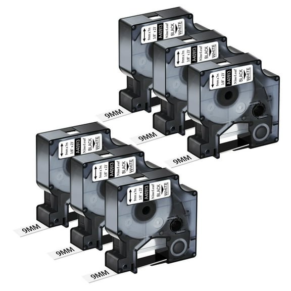 NineLeaf 6PK Compatible for DYMO D1 40913 3/8" x 23' (9mm x 7m) Black on White Label Maker Tape for Label Manager 100 120P 160 210D