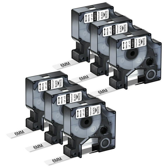 NineLeaf 6PK Compatible for DYMO D1 43613 1/4" x 23' (6mm x 7m) Black on White Label Maker Tape for Label Manager 100 120P 160 210D