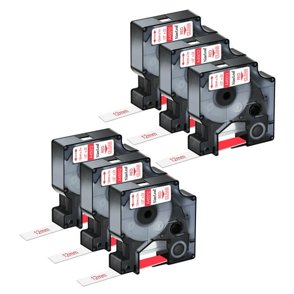 NineLeaf 6PK Compatible for DYMO D1 45012 1/2" x 23' (12mm x 7m) Red on Clear Label Maker Tape for Label Manager 100 120P 160 210D