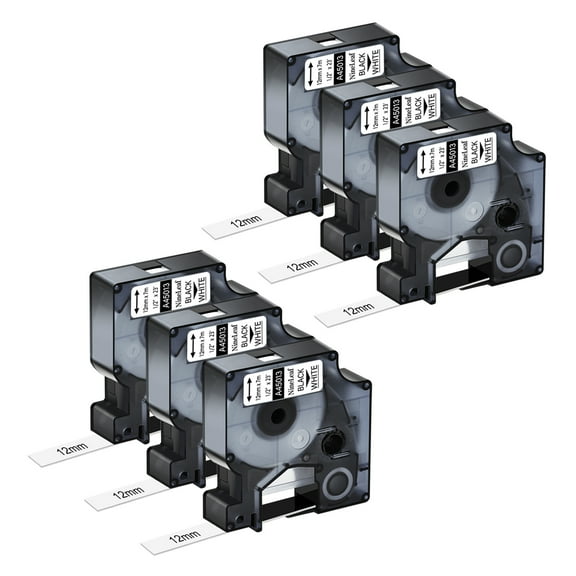 NineLeaf 6PK Compatible for DYMO D1 45013 45113 S0720530 1/2" x 23' (12mm x 7m) Black on White Label Maker Tape for Label Manager 100 120P 160 210D