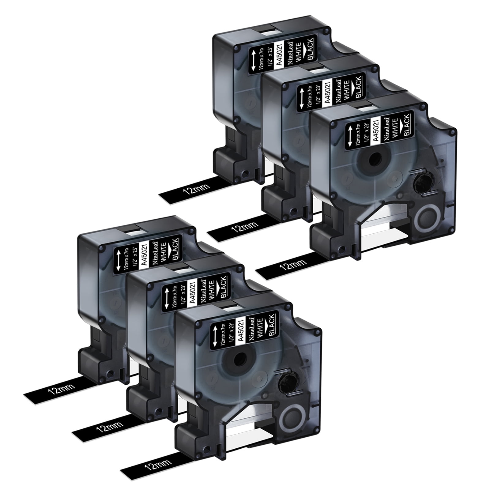 NineLeaf 6PK Compatible for DYMO D1 45021 1/2" x 23' (12mm x 7m) White on Black Label Maker Tape for Label Manager 100 120P 160 210D