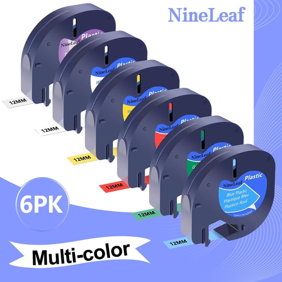NineLeaf 6PK Compatible for DYMO LetraTag Refills 12mm 1/2'' Black on White/Clear/Red/Blue/Yellow/Green Plastic Label Maker Tape