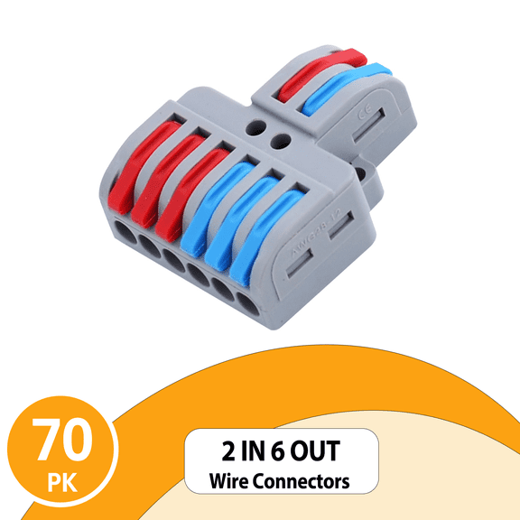 NineLeaf 70PK Electrical Splice Connectors, 2 in 6 Out DIY Mini Wiring Cable Block, Compact Lever Wire Connectors, 28-12 AWG
