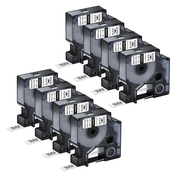 NineLeaf 8 Pack Compatible for DYMO 18482 3/8'' 9mm Black on White Permanent Polyester Label Tape