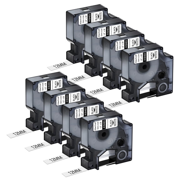NineLeaf 8 Pack Compatible for DYMO 18483 1/2'' 12mm Black on White Permanent Polyester Label Tape
