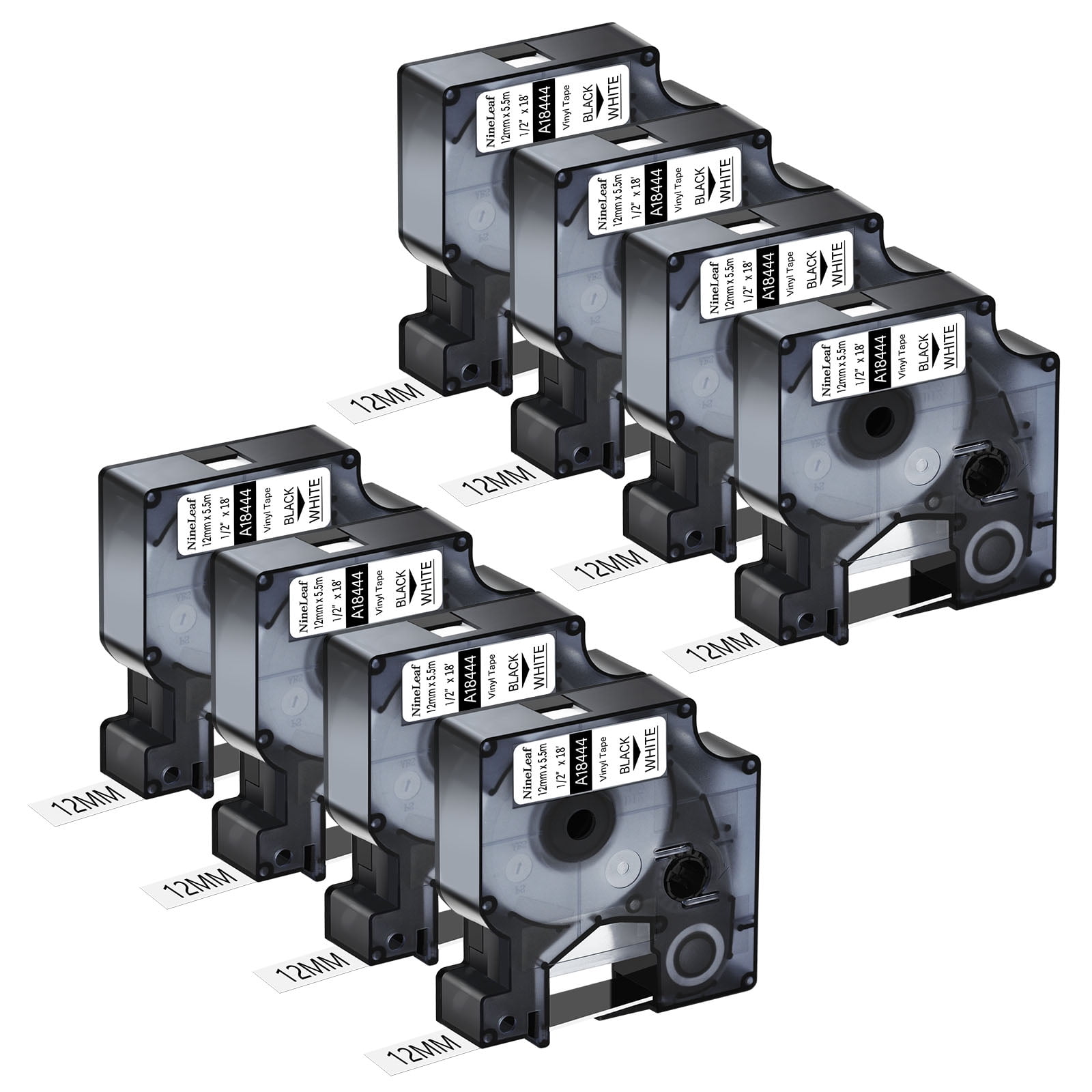 NineLeaf 8PK Compatible for DYMO 18444 1/2" x 18' (12mm x 5.5m) Black on White Industrial Vinyl Label Maker Tape for Rhino 4200 5200 Label Maker