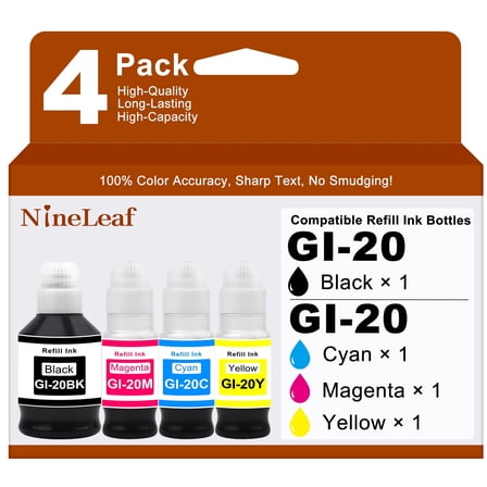 NineLeaf GI-20 GI20 Refill Ink Bottle Kit 4 Pack, Compatible for Canon PIXMA G6020 G7020 G5020 MegaTank Printer, 170mL Black Ink, 70mL Cyan Magenta Yellow Ink