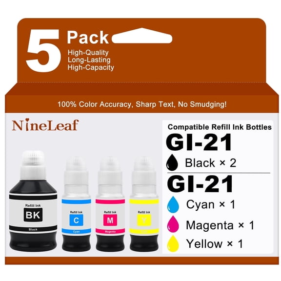NineLeaf GI-21 Ink Refill Bottles Replacement for Canon 21 GI-21 GI21 Compatible for Canon PIXMA G3260 G3270 G3290 G3272 G4280 G4270 G2270 G2260 G1220 G1230 Megatank Printers (BCMYB-5 Pack)