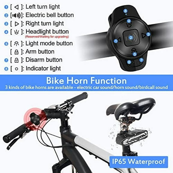 NineLeaf Smart Bike Tail Light with Turn Signals,Anti-Theft Bike Alarm with Electric Bell Automatic Brake Light,Remote Control Rear Light USB Rechargeable Safety Warning Cycling Light IP65 Waterproof