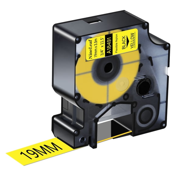 NineLeaf 1 Pack Compatible for DYMO 18491 3/4'' x 11 1/2 ft Black on Yellow Flexible Nylon Industrial Label Tape
