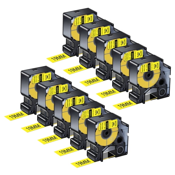 NineLeaf 10 Pack Compatible for DYMO 18491 3/4'' x 11 1/2 ft Black on Yellow Flexible Nylon Industrial Label Tape