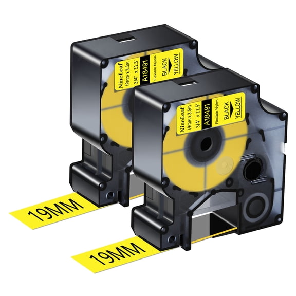 NineLeaf 2 Pack Compatible for DYMO 18491 3/4'' x 11 1/2 ft Black on Yellow Flexible Nylon Industrial Label Tape