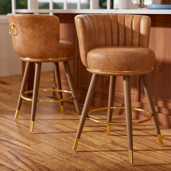 Ninecer Counter Stools Set of 2, 24-Inch Swivel Bar Chairs with PU Leather, Footrest, Modern Design for Kitchen Island & Home Bar, Brown