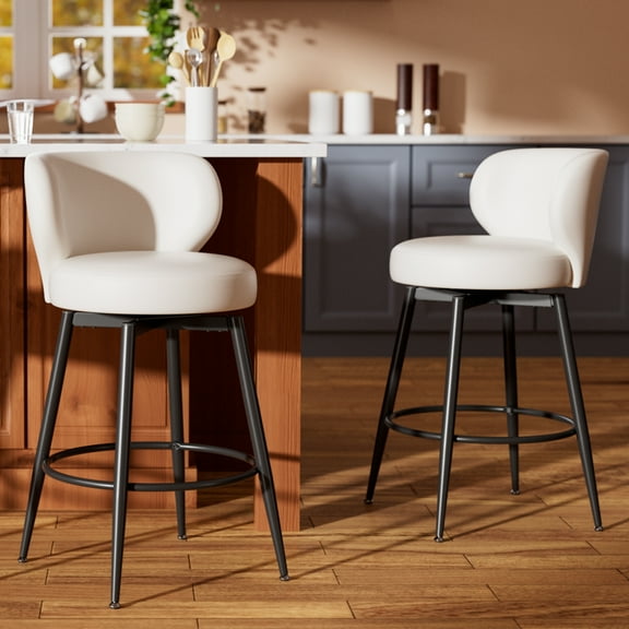 Ninecer Counter Height Bar Stools Set of 2, 26 Inch Swivel PU Leather Bar Chairs with Back and Footrest, Round Low Back Barstools for Kitchen Island Dining Room, White