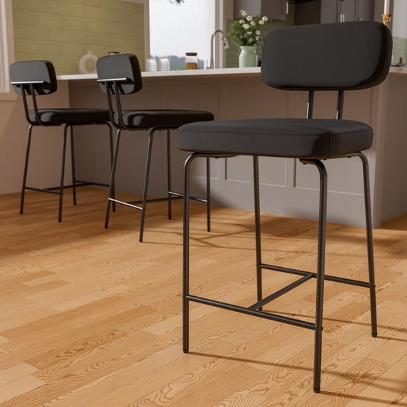 Ninecer Counter Height Bar Stools Set of 3, 26" Black Bar Stools with Back and Metal Legs, Fabric Kitchen Counter Stools with Footrest and Wide Seat, Bar Chairs for Kitchen Island