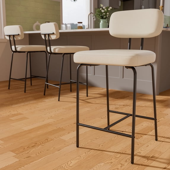 Ninecer Counter Height Bar Stools Set of 3, 26" White Bar Stools with Back and Metal Legs, Fabric Kitchen Counter Stools with Footrest and Wide Seat, Bar Chairs for Kitchen Island