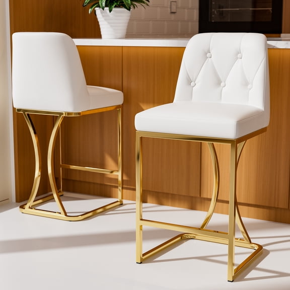 Ninecer 24" Counter Height Bar Stools Set of 2, PU Leather Counter Stools for Kitchen Island with Button Tufted Back, White and Gold
