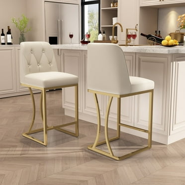 Ninecer 24" Counter Height Bar Stools Set of 2, PU Leather Counter Stool Chairs with Full Back for Kitchen Island, Beige & Gold