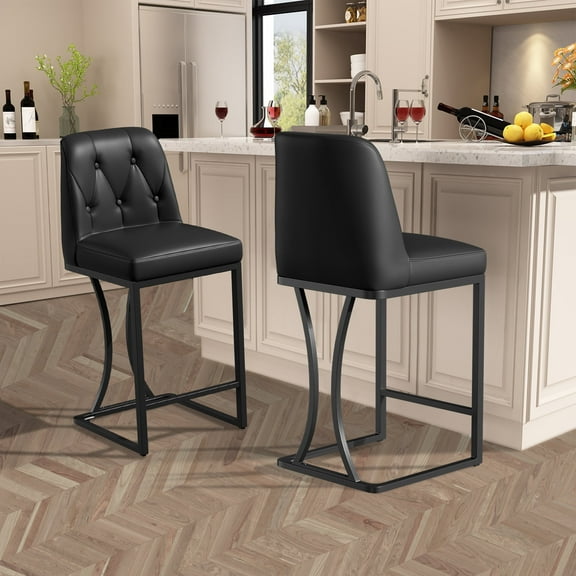 Ninecer Black Counter Height Bar Stools Set of 2, 24 inch Counter Stools Pu Leather Modern Bar Chairs with Back for Kitchen Island