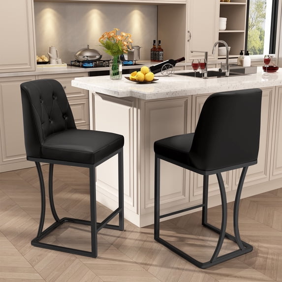 Ninecer Black Counter Height Bar Stools Set of 2, 24 inch Counter Stools Pu Leather Modern Bar Chairs with Back for Kitchen Island