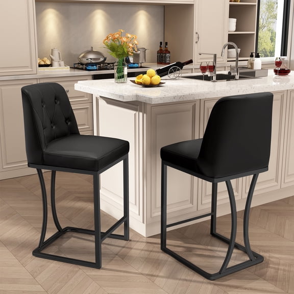 Ninecer Black Counter Height Bar Stools Set of 2, 24 inch Counter Stools Pu Leather Modern Bar Chairs with Back for Kitchen Island