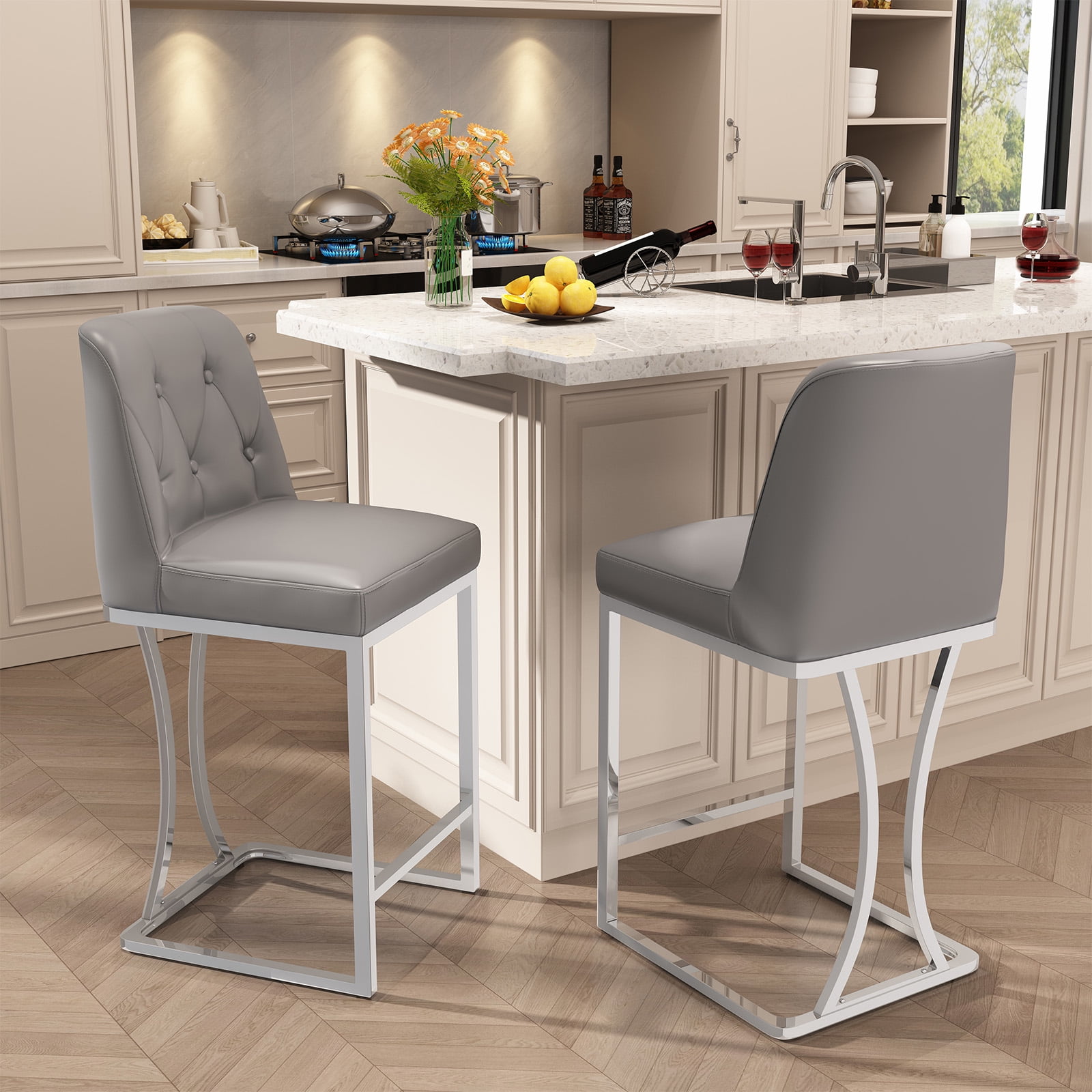 Ninecer 24" Counter Height Bar Stools Set of 2, PU Leather Counter Stool Chairs with Full Back for Kitchen Island, Gray