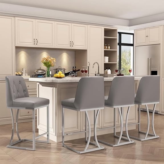 Ninecer 24" Counter Height Bar Stools Set of 4, PU Leather Counter Stool Chairs with Full Back for Kitchen Island, Gray
