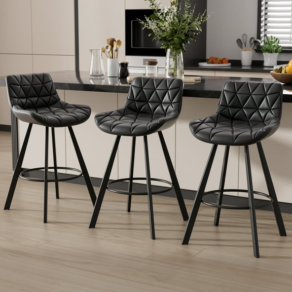 Ninecer 26 Inch Counter Height Bar Stools Set of 3, Faux Leather Bar Chairs with Low Back and Footrest, Upholstered Kitchen Island Barstools for Home Dining, Black