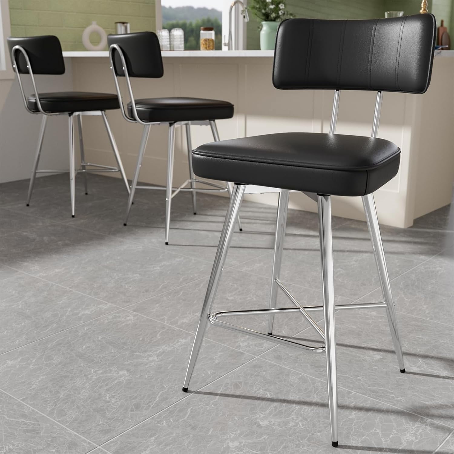 Ninecer Bar Stools Set of 3, Kitchen Counter stools with Backs and Metal Legs, 26" Black Leather Swivel Barstools for Counter Height
