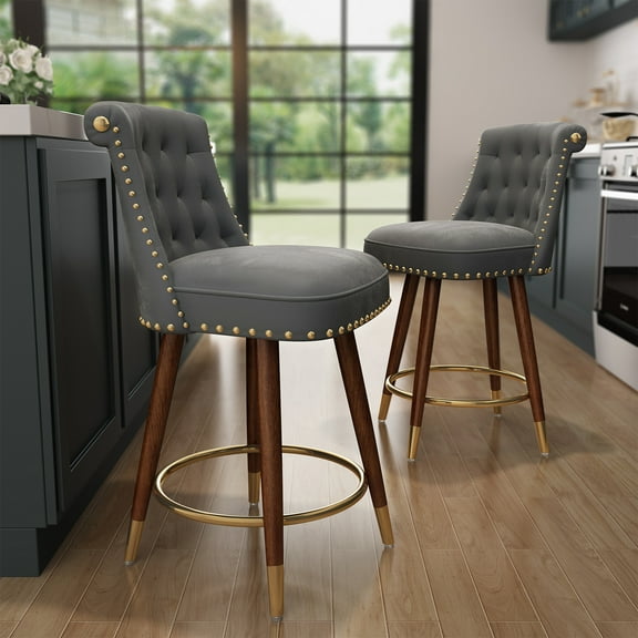 Ninecer 24 Inch Counter Height Bar Stools, Low Back Swivel Velvet Bar Stools with Wood Leg, Square Seat Bar Chair For Home Kitchen Bar, Gray (Set of 2)