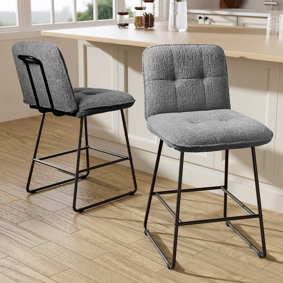 Ninecer Counter Height Bar Stools Set of 2, 26 Inch Upholstered Bar Stools with Low Back, Boucle Fabric Square Seat Bar Chairs with Metal Legs and Footrest, Bar Stools for Home Kitchen Bar, Grey