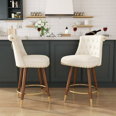 Ninecer 24" Swivel Counter Height Chairs, Elegant Modern Velvet Bar Stools with Solid Rubber Wood Legs, White (Set of 2)
