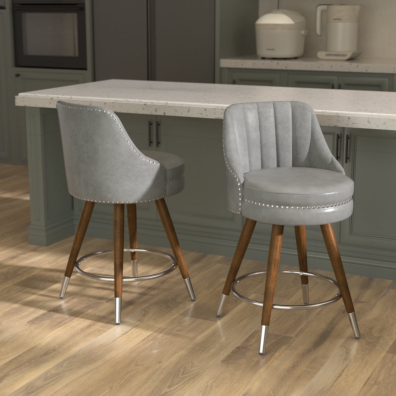 Ninecer 24" Swivel Counter Height Chairs, Modern PU Leather Bar Stools set of 2 with Thick Cushion and Footrest, Gray