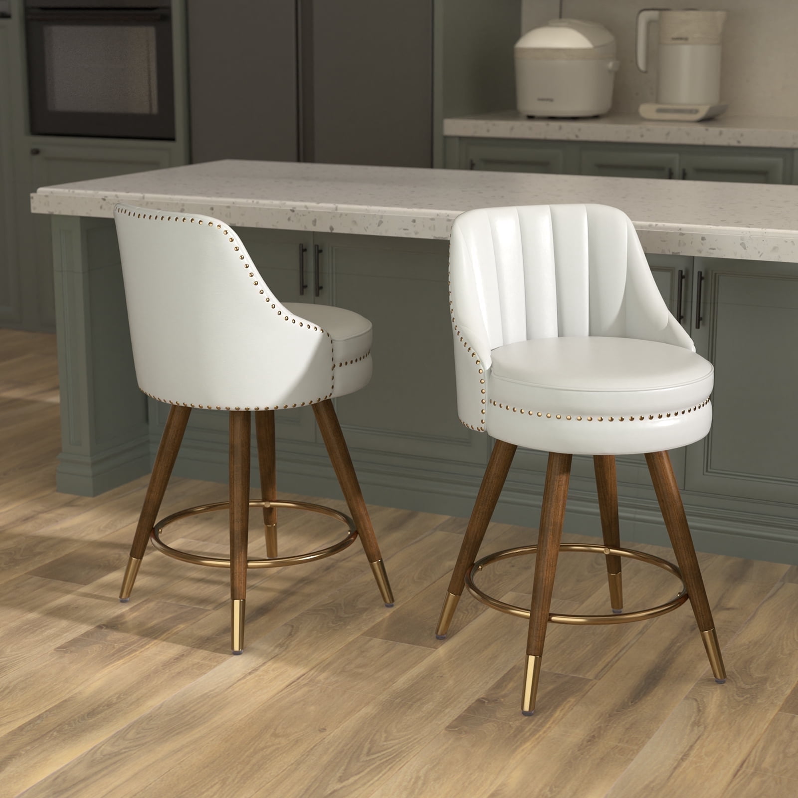 Ninecer 24" Swivel Counter Height Chairs, Modern PU Leather Bar Stools set of 2 with Thick Cushion and Footrest, White