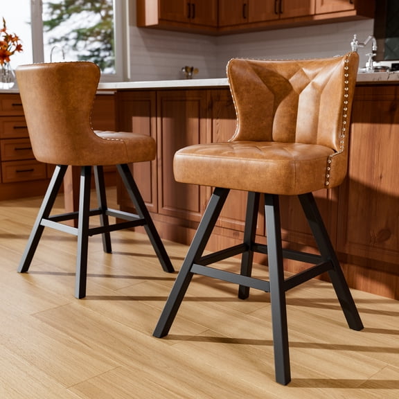Ninecer 25" Counter Height Bar Stools Set of 2, 360° Swivel Bar Chair with Low-Back Round Seat, Upholstered Faux Leather Kitchen Chairs with Footrest, Counter Stools for Kitchen Island , Brown